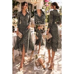 Who What Wear Green & Black Abstract Shirt Dress Button Front Midi Size S Sale!!